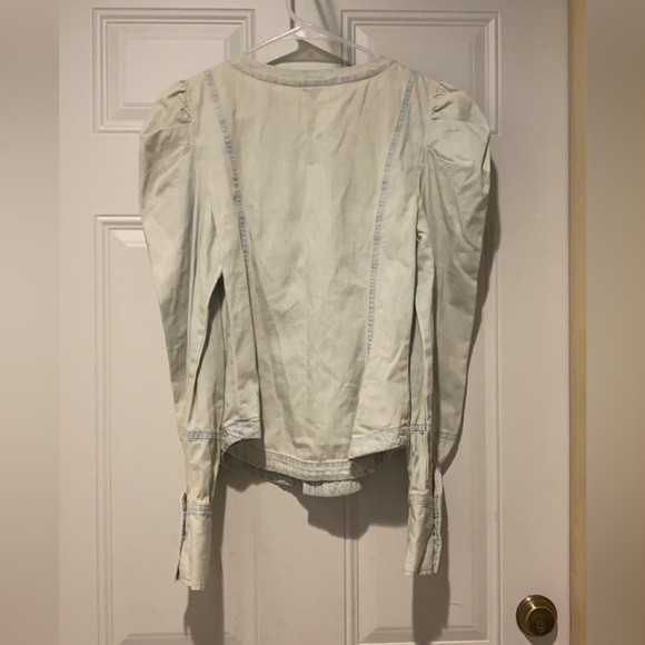 Free People Lace Up Front Light Wash Denim Top Puff Shoulder XS - Picture 2 of 3